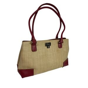 Liz Claiborne Shoulderbag Red Vegan Leather Straw Woven Bag